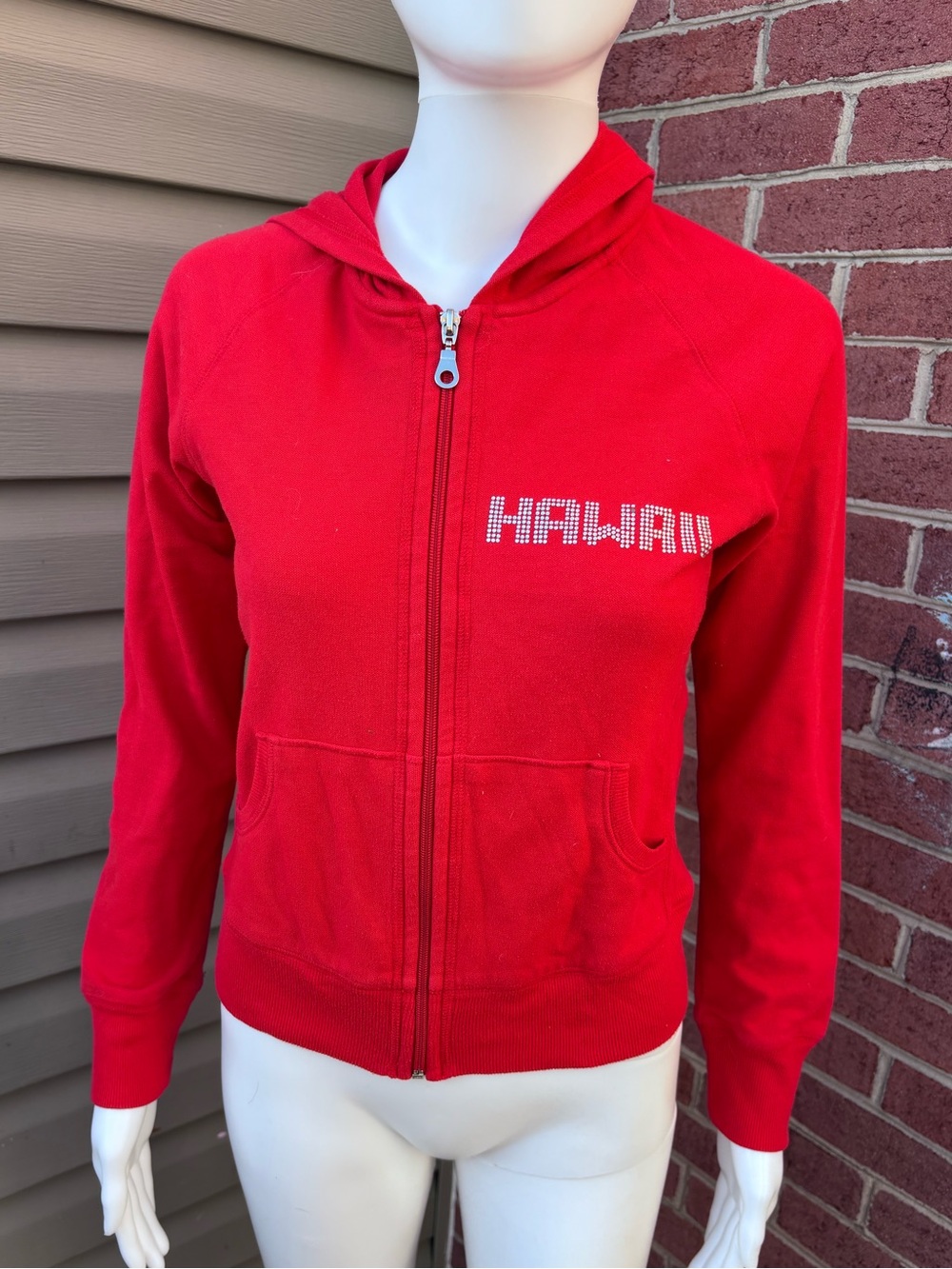 VINTAGE Y2K RED RHINESTONE HAWAII GRAPHIC HOODIE SIZE MEDIUM